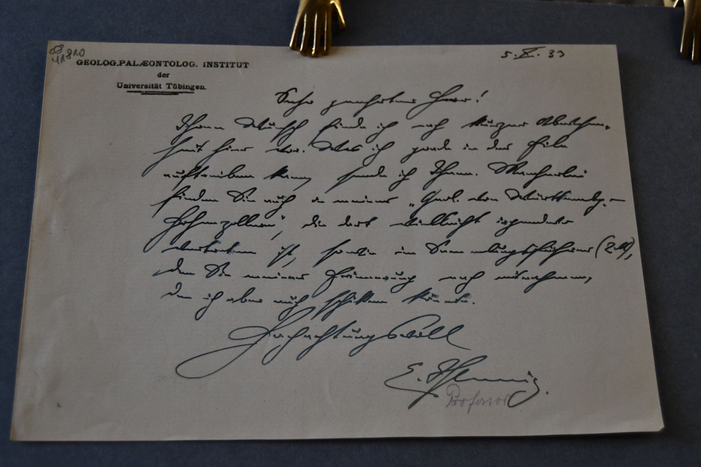 Handschriftlicher Brief des Tübinger Paläontologen Edwin Hennig (1882-1977) vom 5. Oktober 1933 an den Danziger Lehrer und Botaniker Konrad Lakowitz (1859-1938).