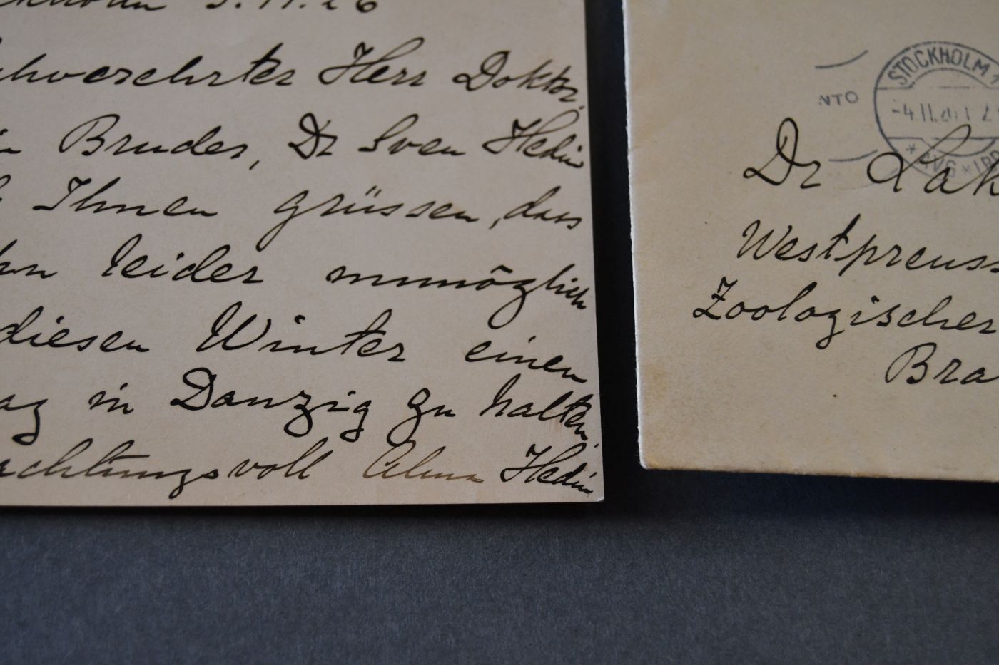 Handschriftliche Briefkarte der Schwester von Sven Hedin Alma Hedin (1876-1958) vom 3. November 1926 an den Danziger Lehrer und Botaniker Konrad Lakowitz (1859-1938).