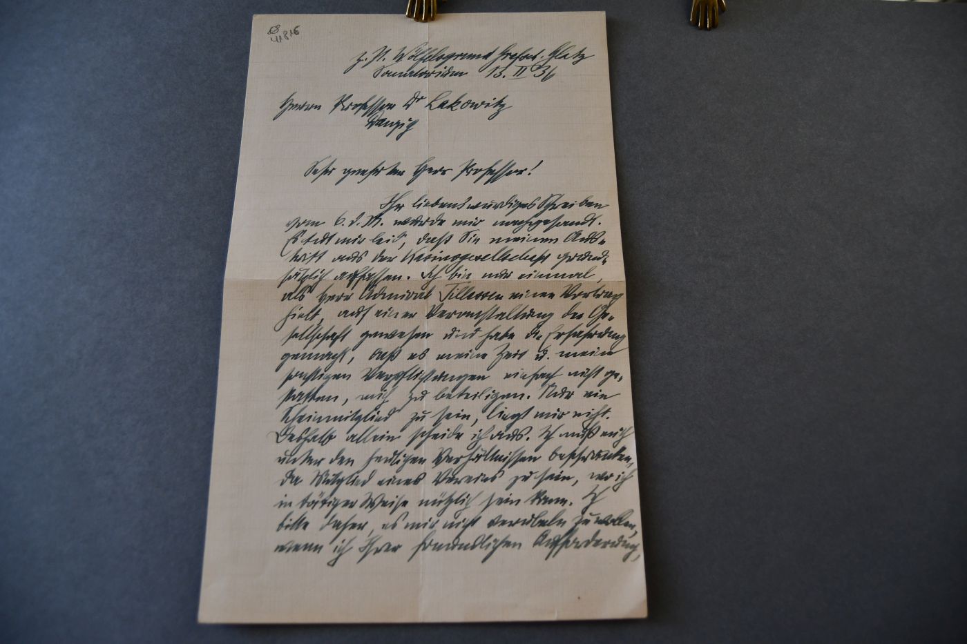 Brief des Präsidenten des Obergerichts Danzig (1873-1958) an den Danziger Lehrer und Botaniker Konrad Lakowitz(1859-1945) vom 13. Februar 1936.