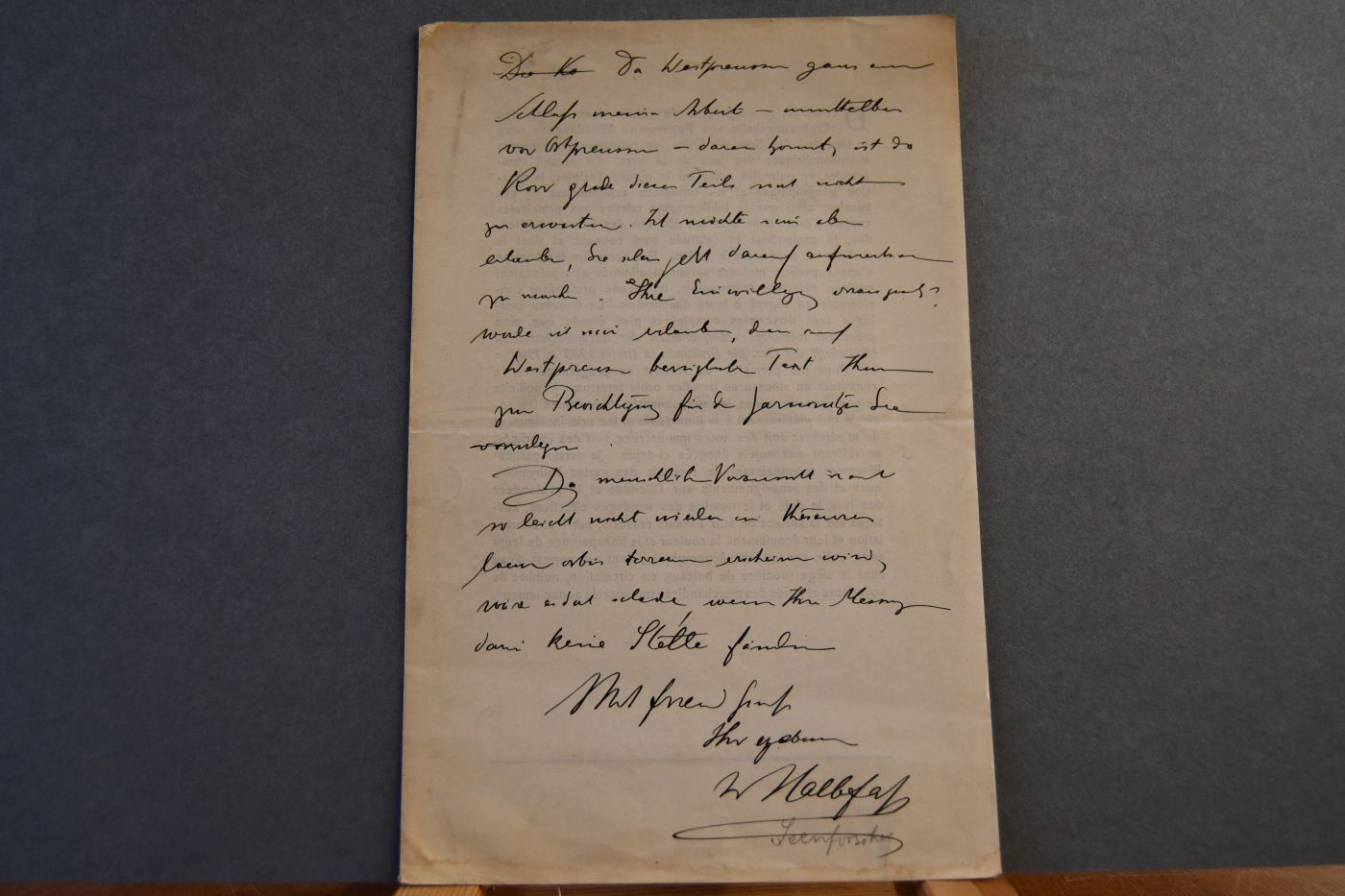Handschriftliches Schreiben von Wilhelm Halbfaß, Hydrogeograph (1856-1951) vom 1. Mai 1915 an den Danziger Lehrer und Botaniker Konrad Lakowitz (1859-1938).