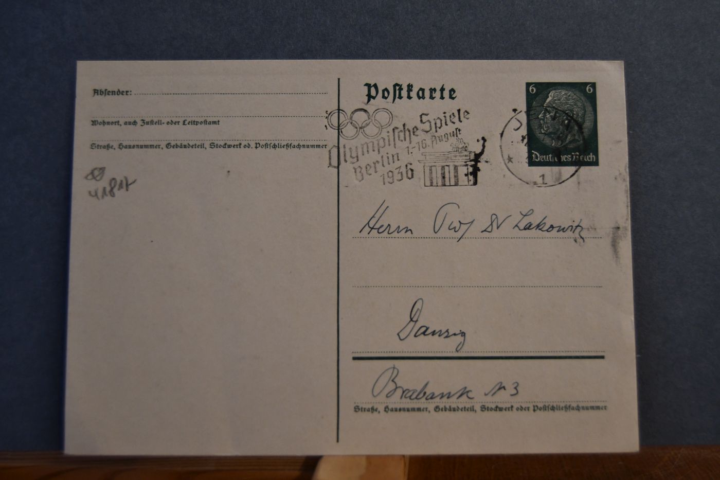 Handschriftliche Karte von Wilhelm Halbfaß, Hydrogeograph (1856-1951) vom 2. Juli 1936 an den Danziger Lehrer und Botaniker Konrad Lakowitz (1859-1938).