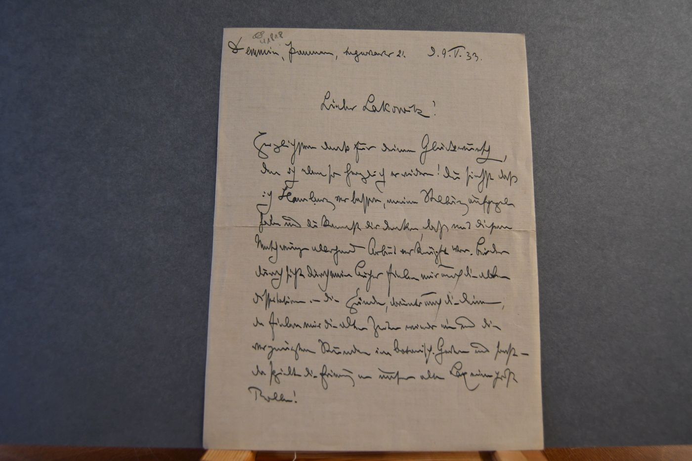 Handschriftliches Schreiben von Georg Gürich, Geologe und Paläontologe (1859-1938) vom 9. Mai 1933 an den Danziger Lehrer und Botaniker Konrad Lakowitz (1859-1938).