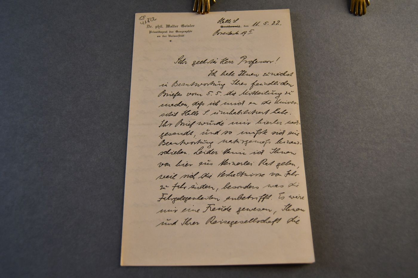 Handschriftliches Schreiben von Walter Geisler, Geograph (1891-1945) vom 11. Mai 1922 an den Danziger Lehrer und Botaniker Konrad Lakowitz (1859-1938).
