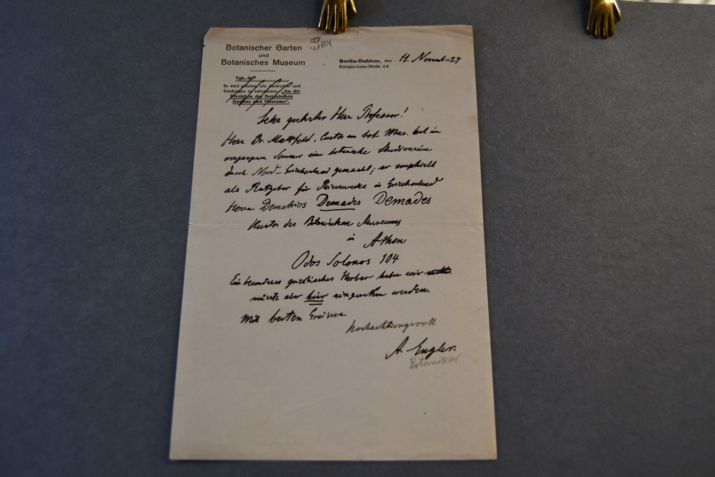 Handschriftliches Schreiben des deutschen Botanikers Alfred Engler (1844-1930) vom 11.November 1927 an den Danziger Lehrer und Botaniker Konrad Lakowitz (1859-1938).