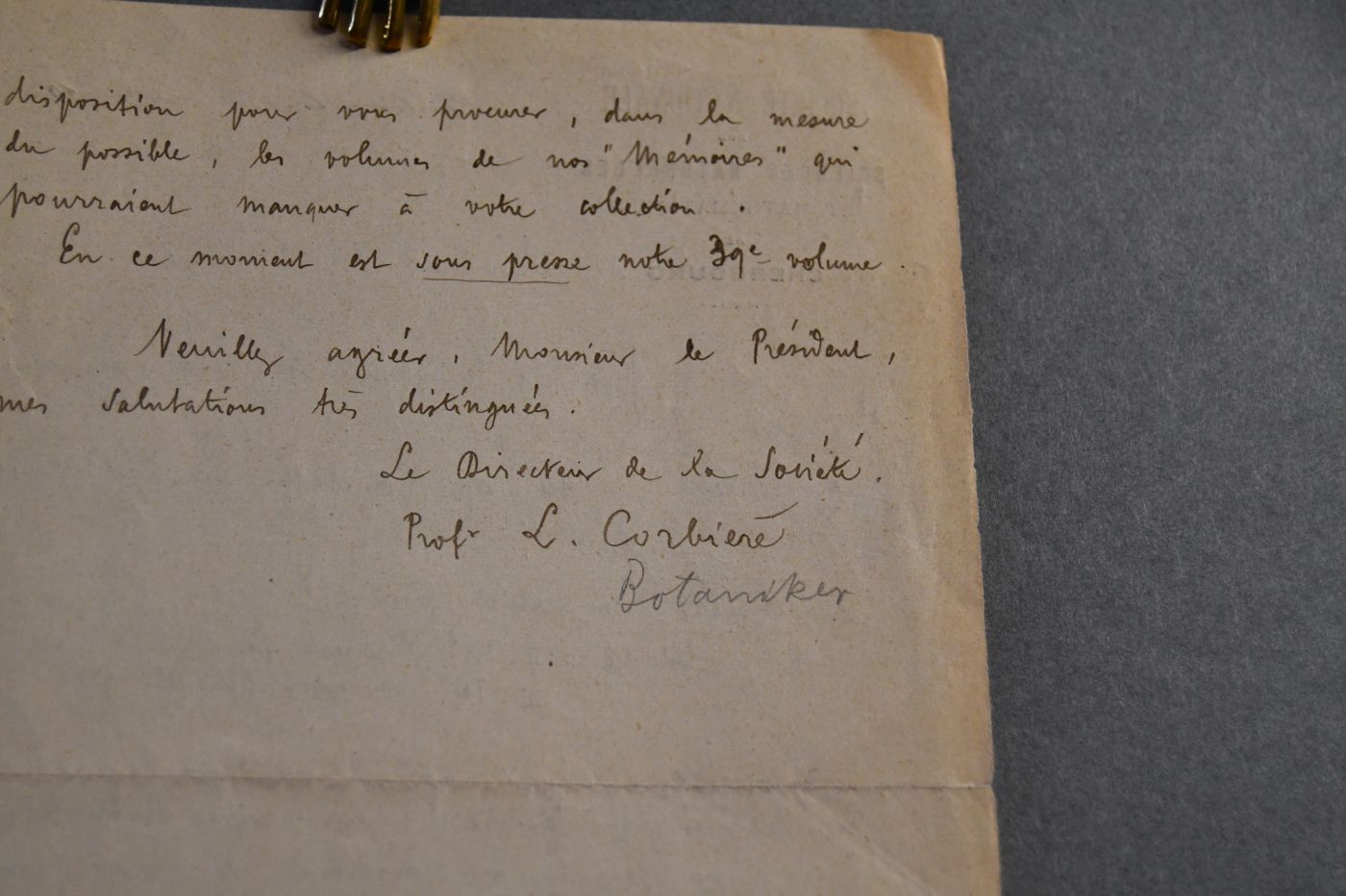 Schreiben des französischen Botanikers Louis Corbiere (1850-1941) vom 22. Januar 1923 an den Danziger Lehrer und Botaniker Konrad Lakowitz (1859-1945).