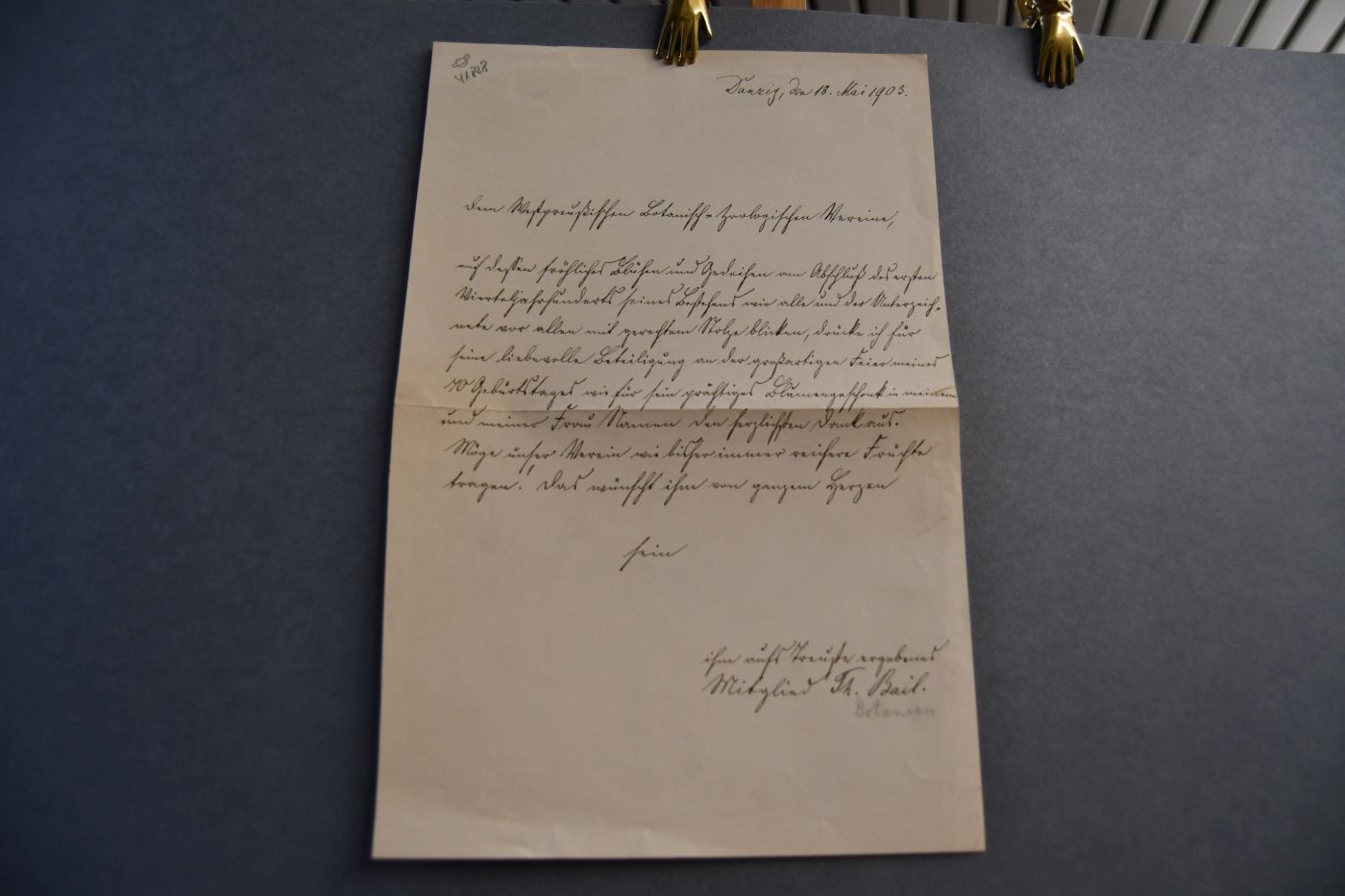 Schreiben des deutschen Lehrers, Botanikers und Mykologen (1833-1922) vom 18. Mai 1903 an den Danziger Lehrer und Botaniker Konrad Lakowitz (1859-1945).