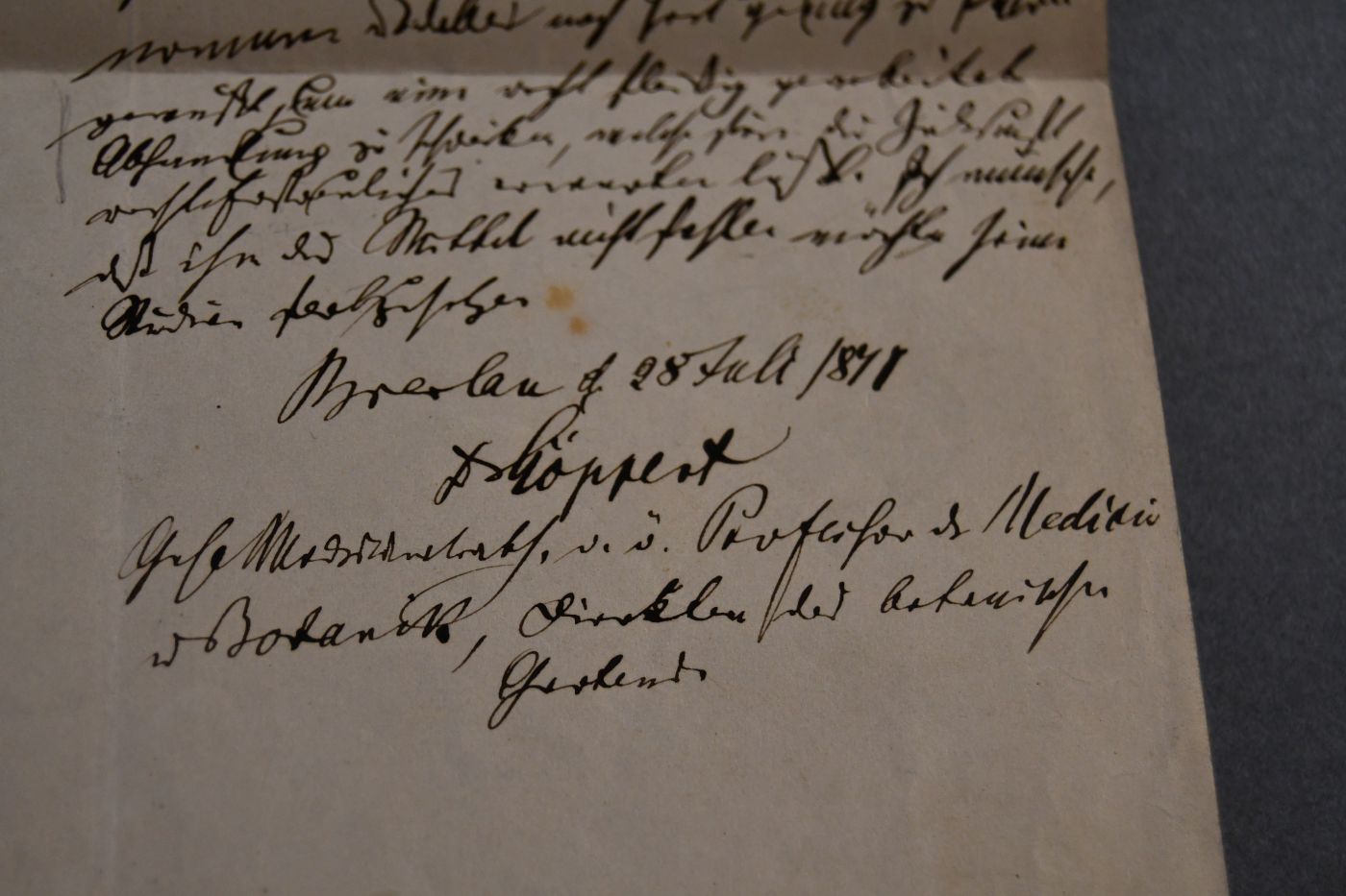 Handschriftliche Studienbescheinigung des deutschen Botanikers Johann Heinrich Robert Göppert (1800-1884) für Stud. rer. nat Lakowitz vom 28. Juli 1871.