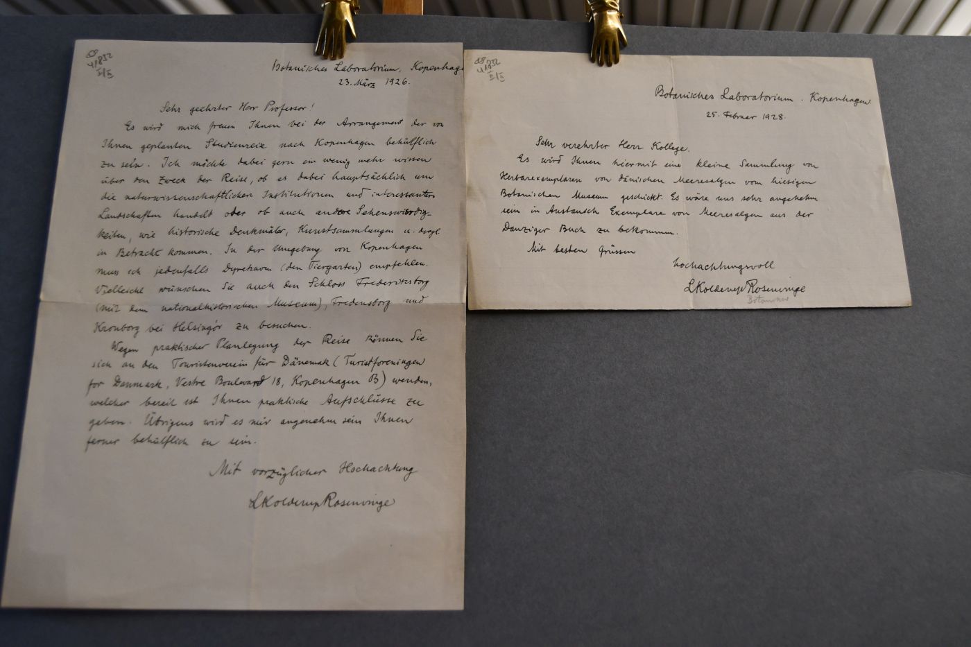 Handschriftliches Schreiben des dänischen Botanikers Lauritz Kolderup Rosenvinge (1858-1939) vom 23. März 1926 an den Danziger Lehrer und Botaniker Konrad Lakowitz (1859-1938). Beigegeben ein handschriftliches Schreiben vom 25. Februar an denselben Empfänger in dem um den Tausch von Meeresalgen gebeten wird.