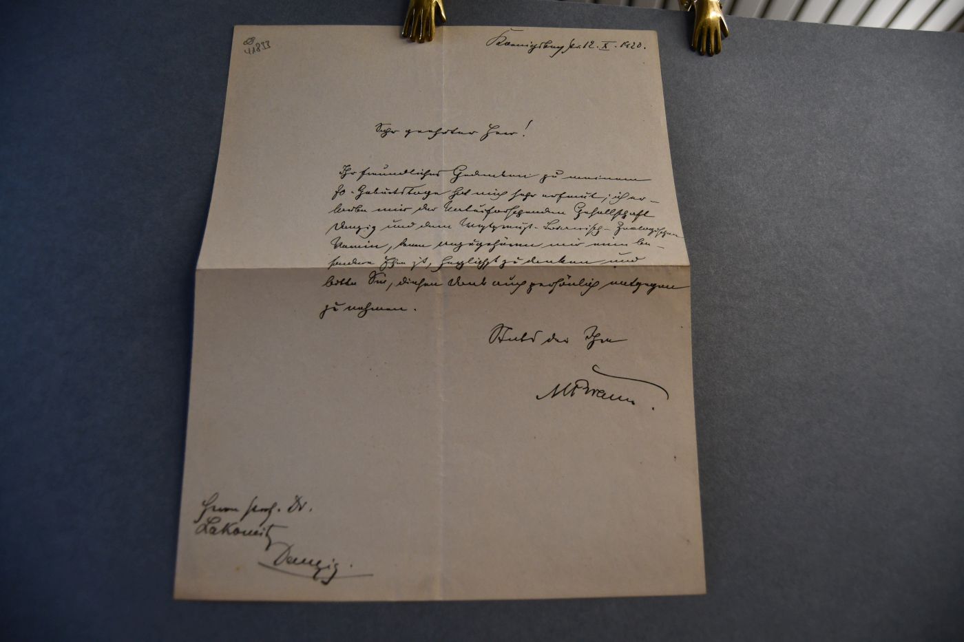 Handschriftliches Schreiben des deutschen Zoologen (1850-1930) vom 12. Oktober 1920 an den Danziger Lehrer und Botaniker Konrad Lakowitz (1859-1938).