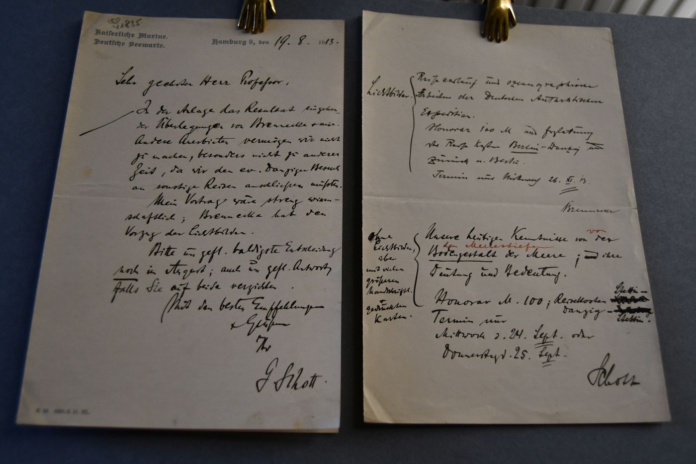 Handschriftliches Schreiben des deutschen Geographen und Ozeanographen Gerhard Schott (1866-1961) vom 19. August 1913 an den Danziger Lehrer und Botaniker Konrad Lakowitz (1859-1938).