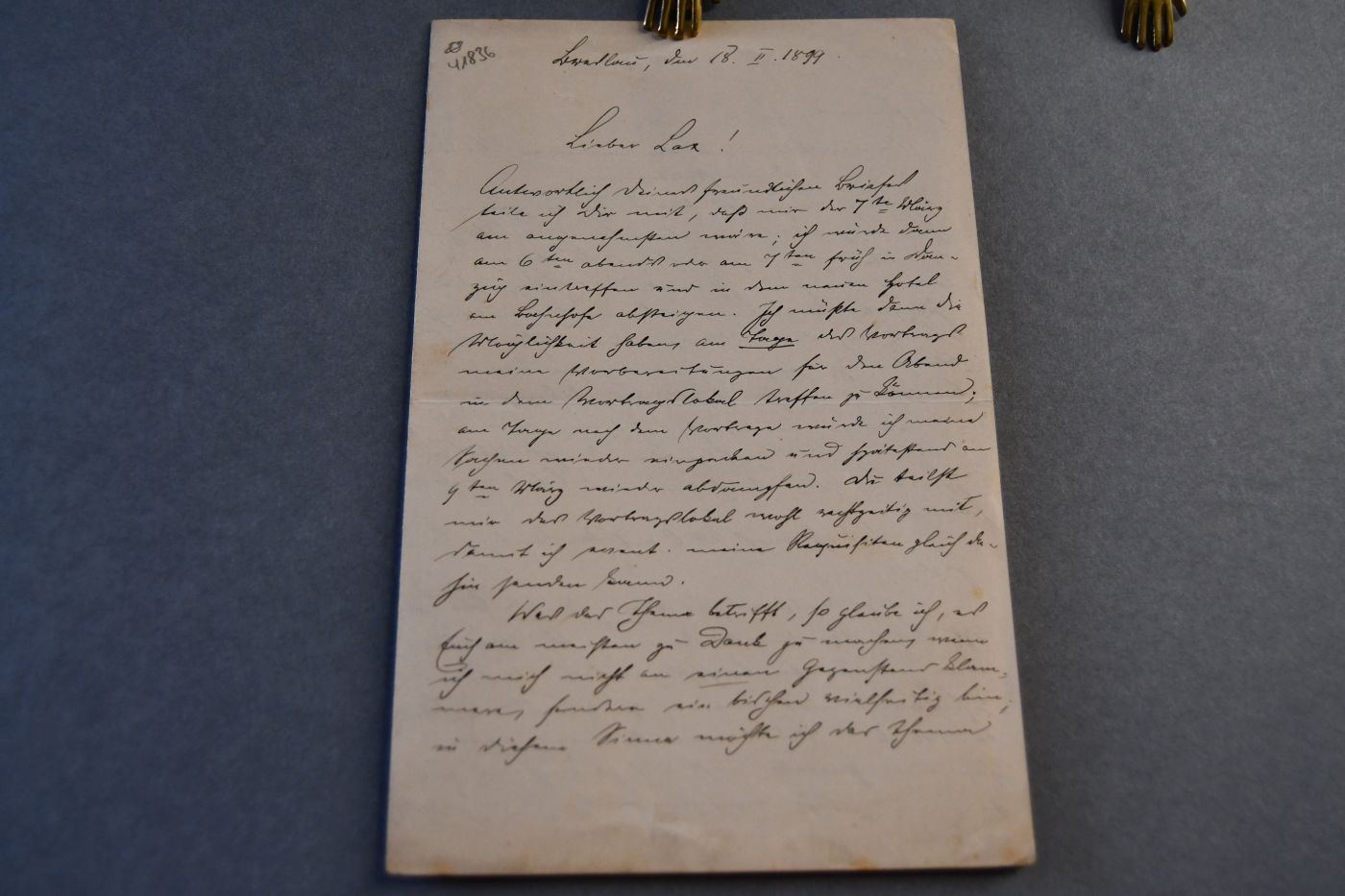 Handschriftlicher Brief des deutschen Chemikers Felix Benjamin Ahrens (1863-1910) vom 18. Februar 1899 an den Danziger Lehrer und Botaniker Konrad Lakowitz (1859-1938).