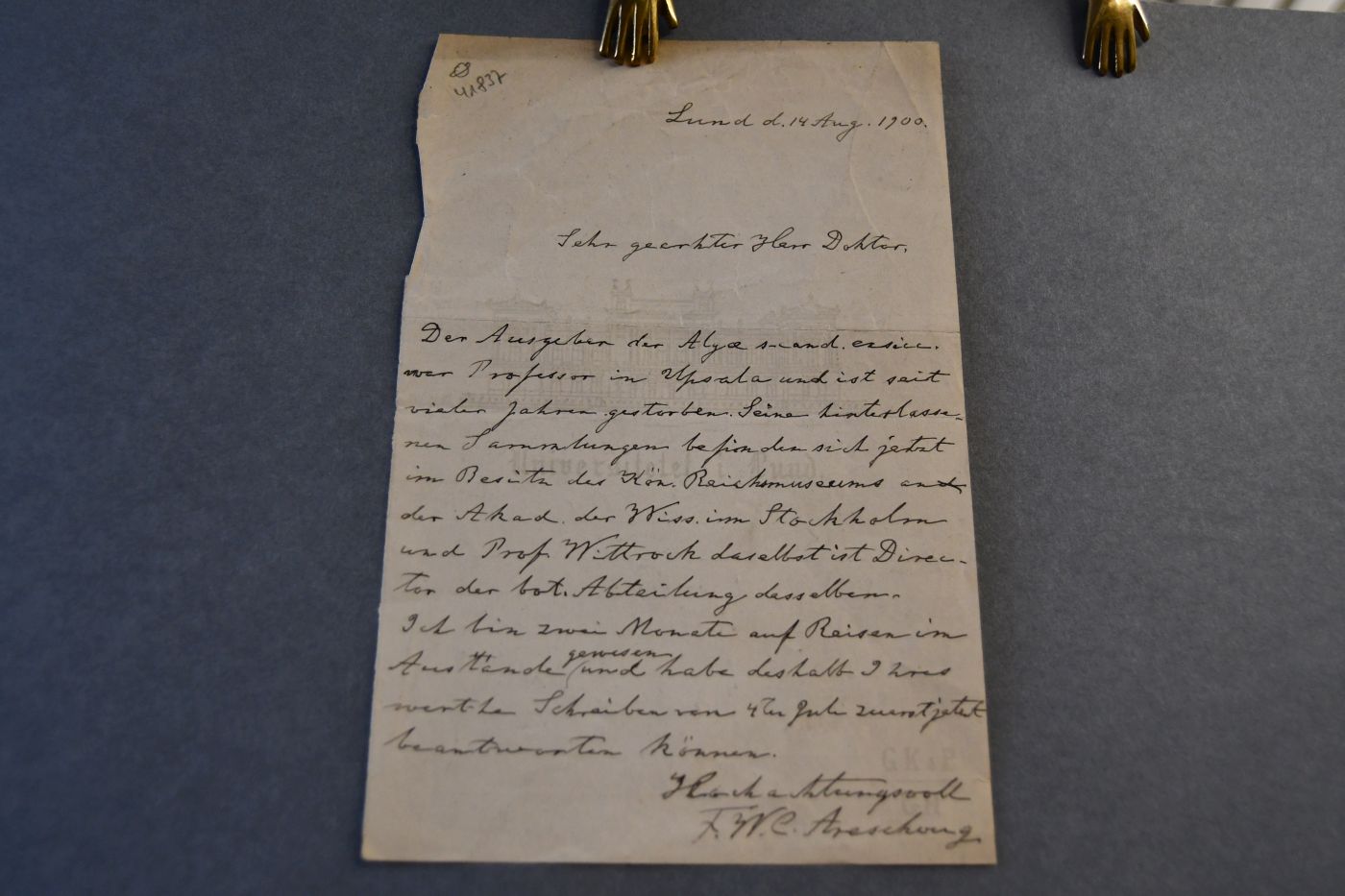 Handschriftlicher Brief des schwedischen Botanikers und Leiters des Botanischen Gartens Lund Fredrik Wilhelm Cristian Areschong (1830-1903) vom 14. August 1900 an den Danziger Lehrer und Botaniker Konrad Lakowitz (1859-1938).