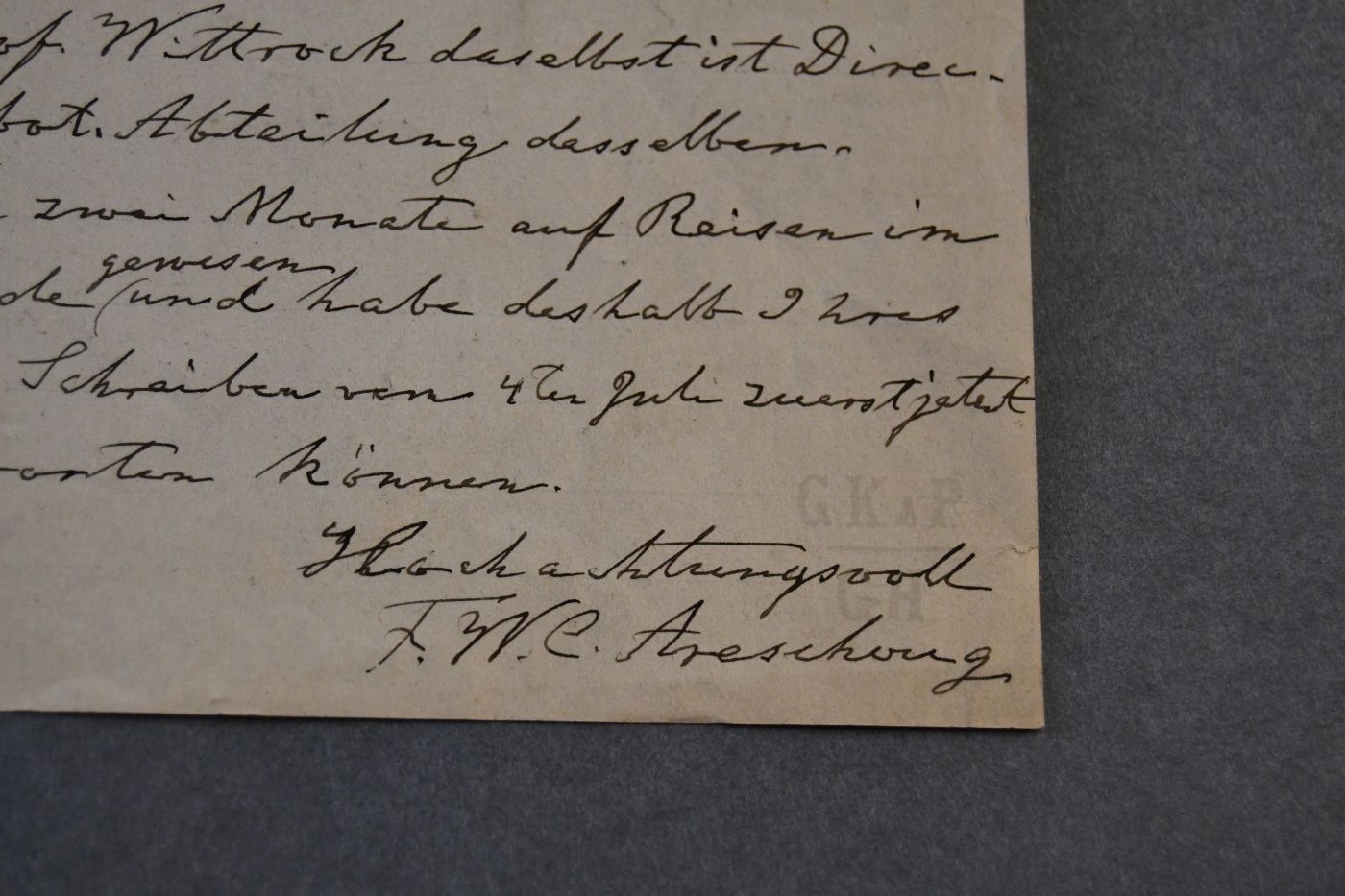 Handschriftlicher Brief des schwedischen Botanikers und Leiters des Botanischen Gartens Lund Fredrik Wilhelm Cristian Areschong (1830-1903) vom 14. August 1900 an den Danziger Lehrer und Botaniker Konrad Lakowitz (1859-1938).