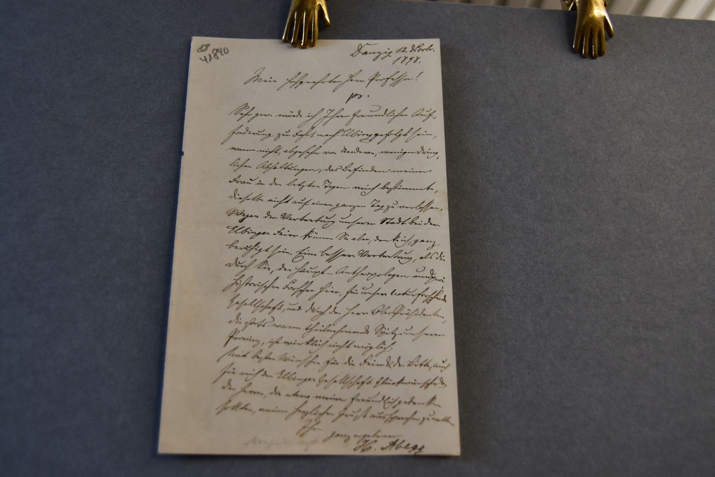 Handschriftlicher Brief des deutschen Mediziners Georg Friedrich Heinrich Abegg (1826-1900) vom 12. November 1898 an den Danziger Lehrer und Botaniker Konrad Lakowitz (1859-1938).