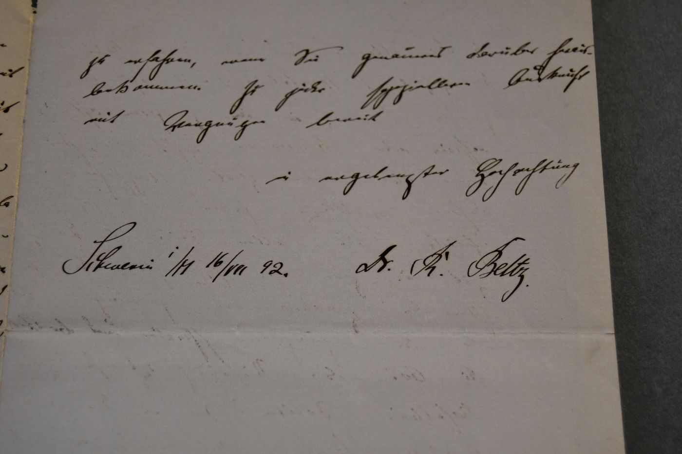Handschriftlicher Brief des deutschen Prähistorikers Robert Beltz (1854-1942) vom 16. Juli 1892 an den Danziger Lehrer und Botaniker Konrad Lakowitz (1859-1938).