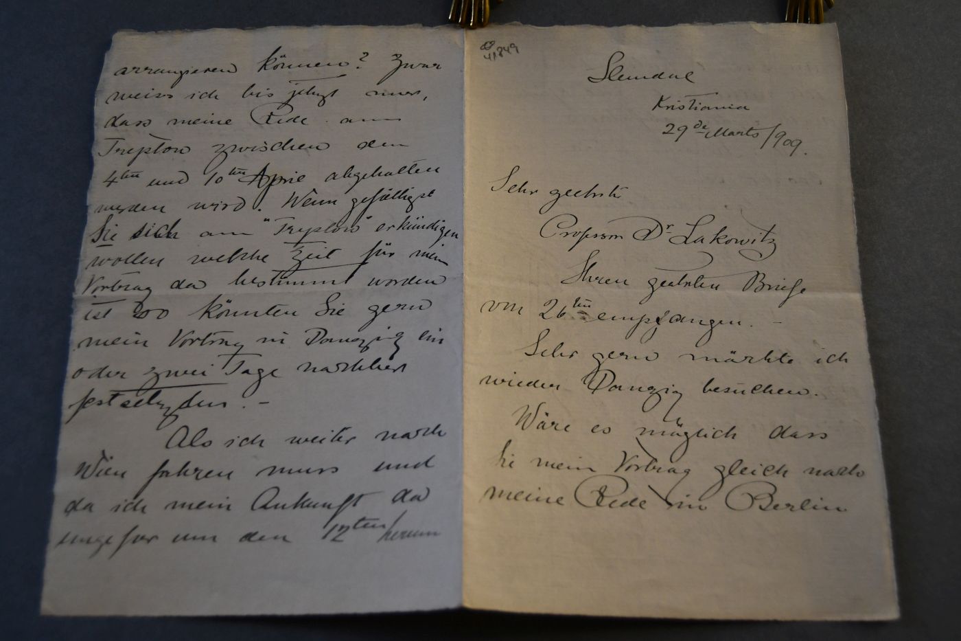 Handschriftliches Schreiben des norwegischen Naturforschers und Polarreisenden Carsten Egeberg Borchgrevink (1864-1934) vom 29. März 1909 an den Danziger Lehrer und Botaniker Konrad Lakowitz (1859-1945).