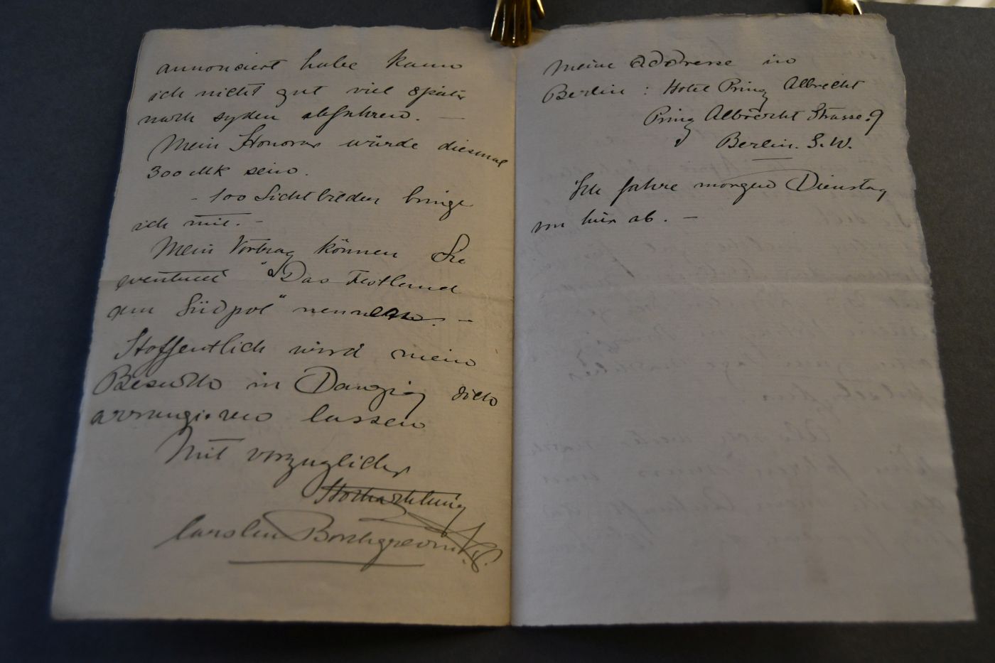 Handschriftliches Schreiben des norwegischen Naturforschers und Polarreisenden Carsten Egeberg Borchgrevink (1864-1934) vom 29. März 1909 an den Danziger Lehrer und Botaniker Konrad Lakowitz (1859-1945).