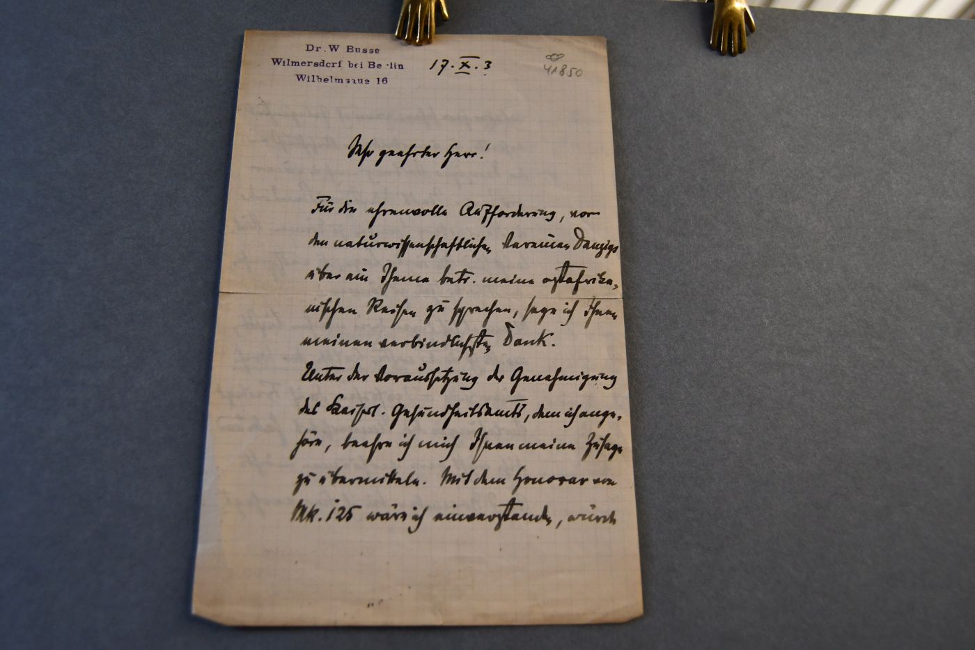 Handschriftliches Schreiben des deutschen Pharmazeuten und Botanikers Walter Carl Otto Busse (1865-1933) vom 17. Oktober 1903 an den Danziger Lehrer und Botaniker Konrad Lakowitz (1859-1945).