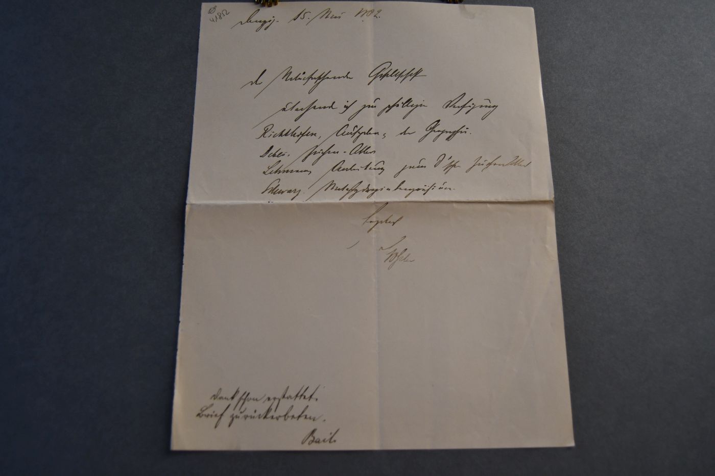 Handschriftlicher Brief des Oberpräsidenten der Provinz Westpreußen Gustav Konrad Heinrich von Goßler (1838-1902) an den Danziger Lehrer und Botaniker Konrad Lakowitz (1859-1945) vom 15. Mai 1902.