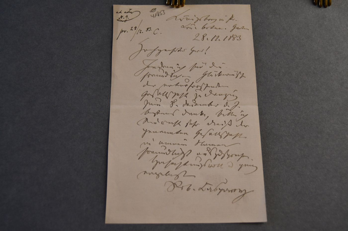 Handschriftlicher Brief deutschen Botanikers Robert Caspary (1818-1887) an den Danziger Lehrer und Botaniker Konrad Lakowitz (1859-1945) vom 28. Dezember 1883.