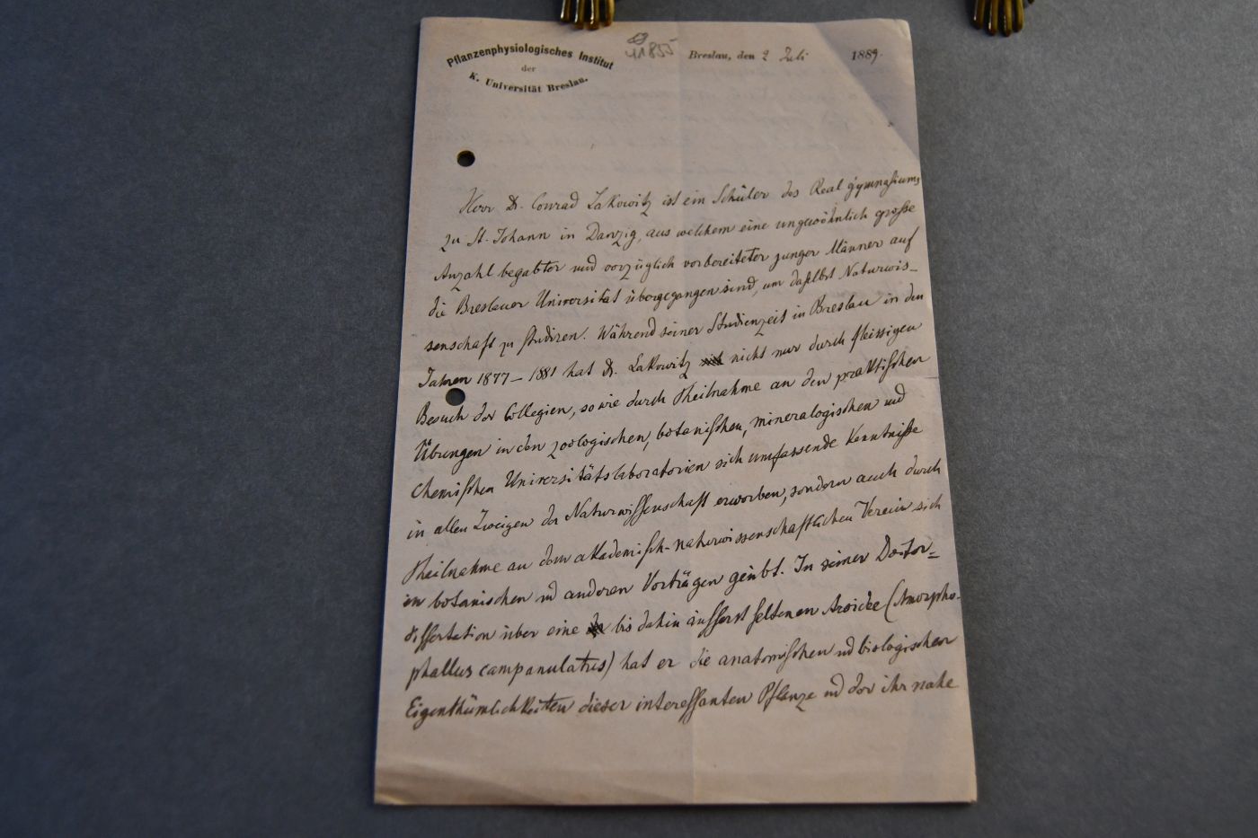Handschriftlicher Brief deutschen Botanikers und Mikrobiologen Ferdinand Julius Cohn (1828-1898) an einen unbekanntenn Adressaten vom 2. Juli 1889.