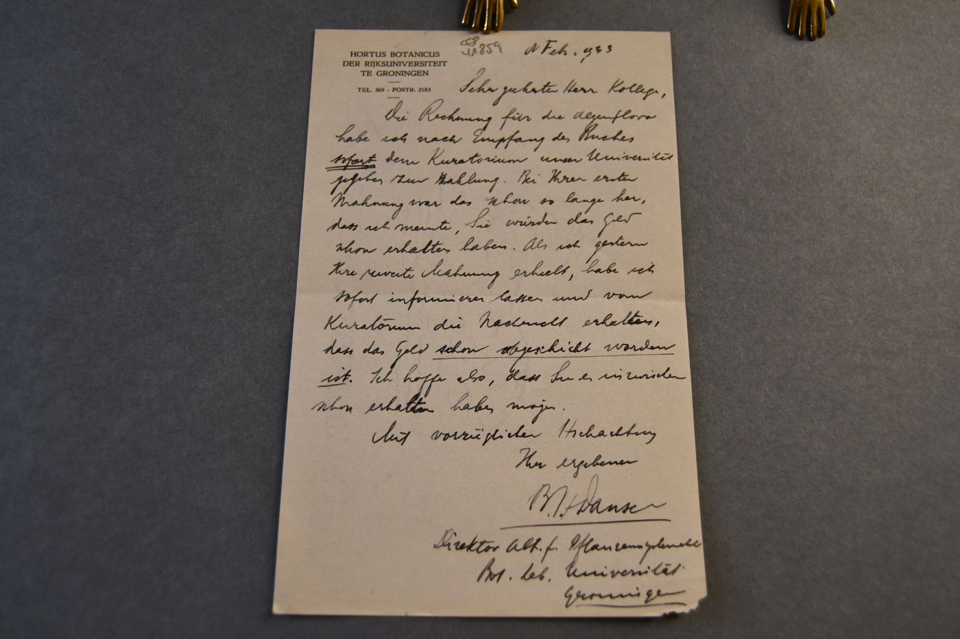 Handschriftlicher Brief des niederländischen Botanikers Benedictus Hubertus Danser (1891-1943) an den Danziger Lehrer und Botaniker Konrad Lakowitz (1859-1945) vom 8. Februar 1933.