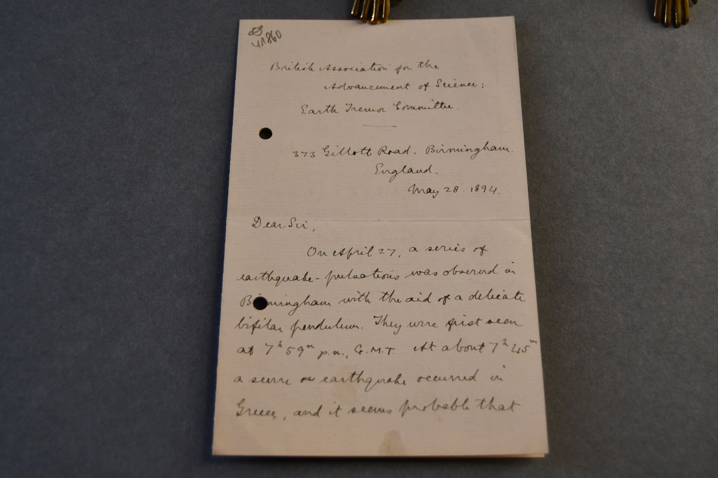 Handschriftlicher Brief des englischen Seismologen Charles Davison (1858-1940) an den Danziger Lehrer und Botaniker Konrad Lakowitz (1859-1945) vom 28. Mai 1894.