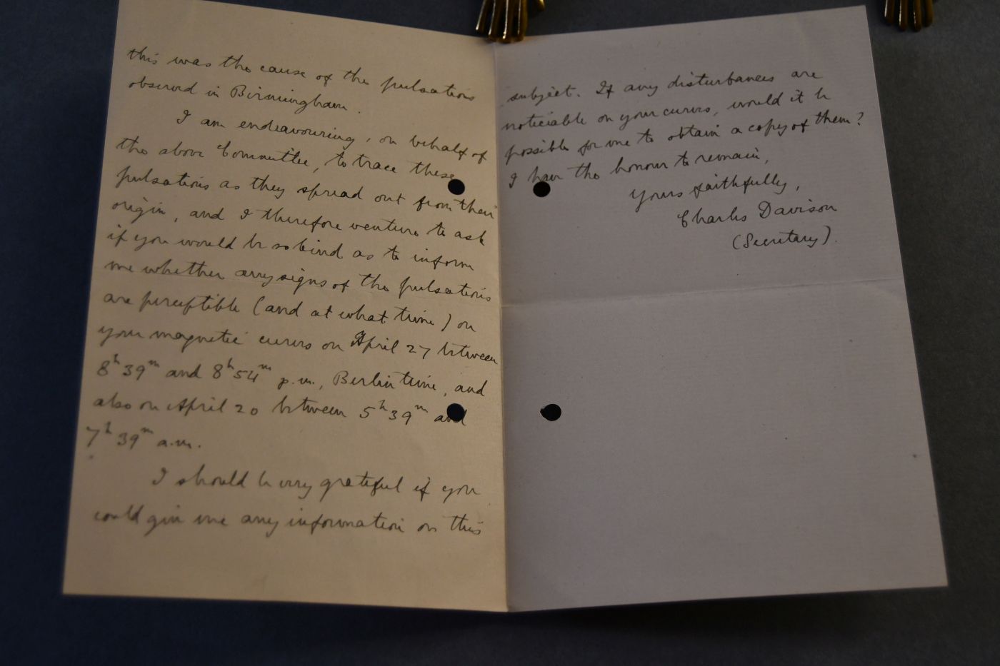 Handschriftlicher Brief des englischen Seismologen Charles Davison (1858-1940) an den Danziger Lehrer und Botaniker Konrad Lakowitz (1859-1945) vom 28. Mai 1894.