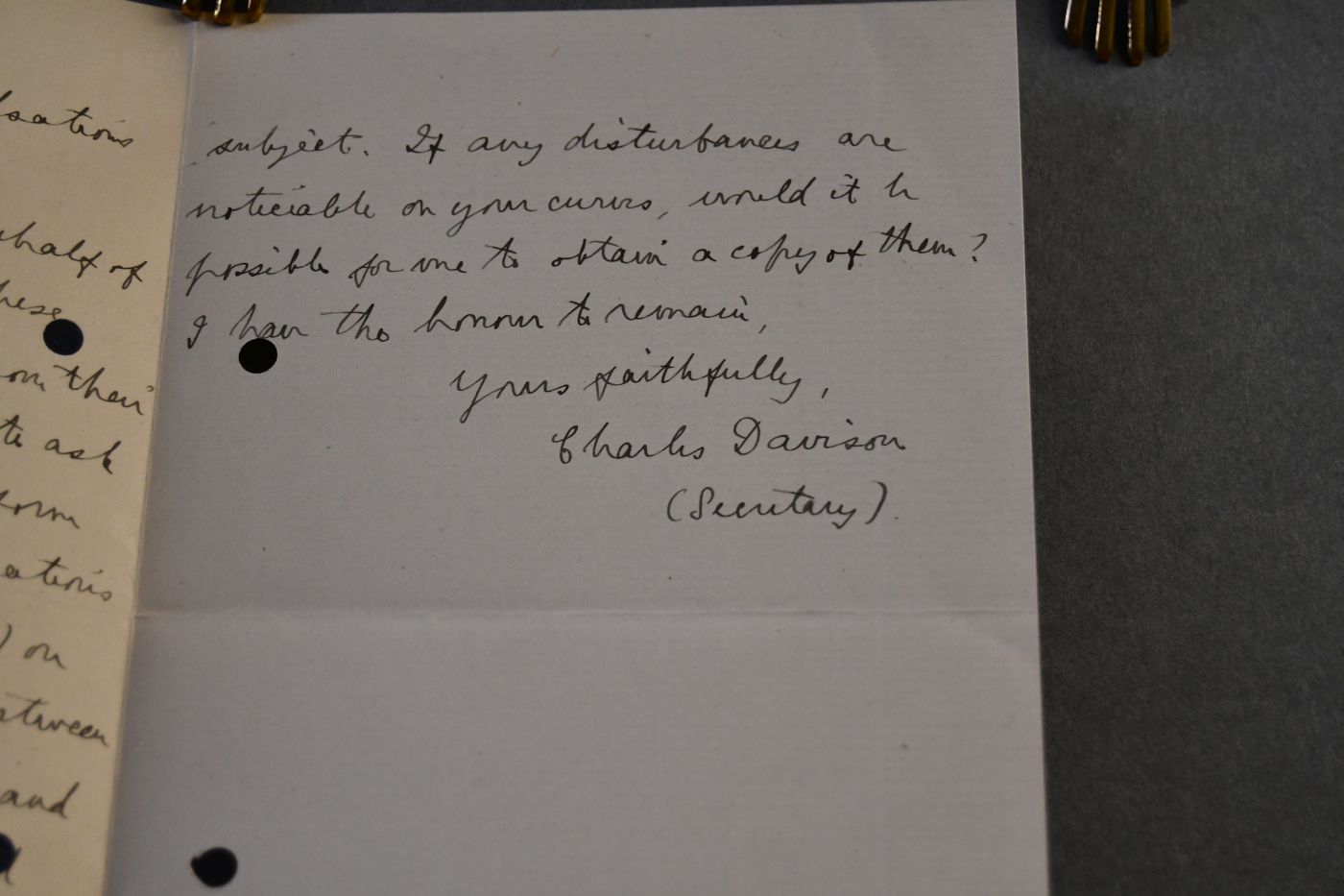 Handschriftlicher Brief des englischen Seismologen Charles Davison (1858-1940) an den Danziger Lehrer und Botaniker Konrad Lakowitz (1859-1945) vom 28. Mai 1894.