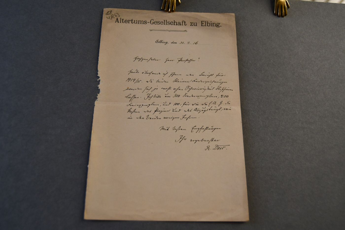 Handschriftlicher Brief des deutschen Lehrers und plattdeutschen Schriftstellers Robert Dorr (1835-1919) an den Danziger Lehrer und Botaniker Konrad Lakowitz (1860-1916) vom 31. Juli 1916.