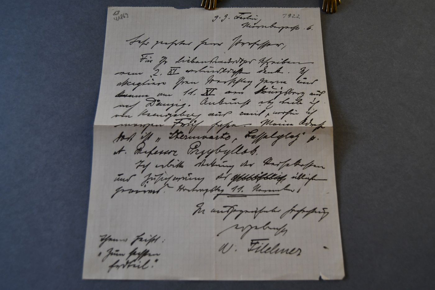Handschriftliches Schreiben des deutschen Forschungsreisenden Thomas Friedrich Wilhelm Filchner (1877-1957) von 1922 an den Danziger Lehrer und Botaniker Konrad Lakowitz (1859-1938).