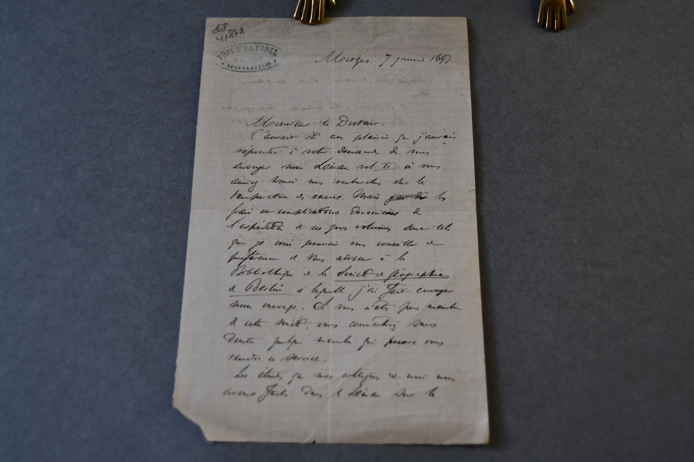 Handschriftliches Schreiben des schweizer Arztes und Naturforschers Francois-Alphonse Forel (1841-1912) vom 7. Januar 1897 an den Danziger Lehrer und Botaniker Konrad Lakowitz (1859-1938).