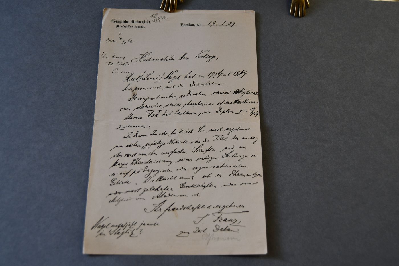 Handschriftliches Schreiben des deutschen Astronomen Julius Heinrich Georg Franz (1847-1913) vom 19. Februar 1909 an den Danziger Lehrer und Botaniker Konrad Lakowitz (1859-1938).