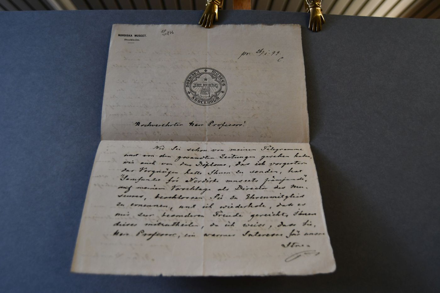 Handschriftliches Schreiben des schwedischen Philologen und Ethnographen Artur Immanuel Hazelius (1833-1901) vom 22. Januar 1899 an den Danziger Botaniker Hugo Conwentz (1855-1922).