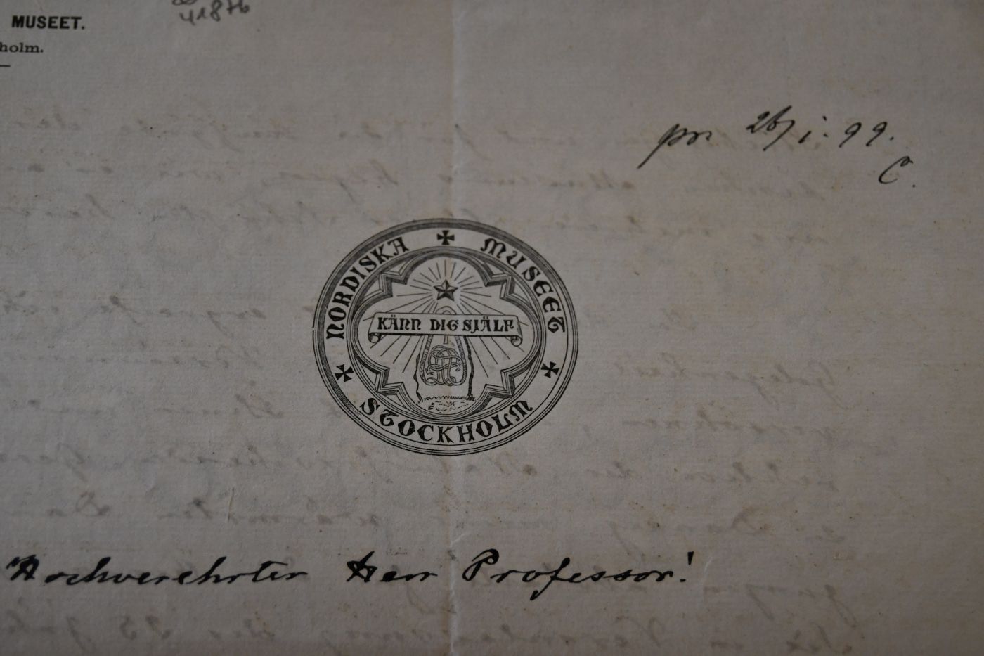 Handschriftliches Schreiben des schwedischen Philologen und Ethnographen Artur Immanuel Hazelius (1833-1901) vom 22. Januar 1899 an den Danziger Botaniker Hugo Conwentz (1855-1922).