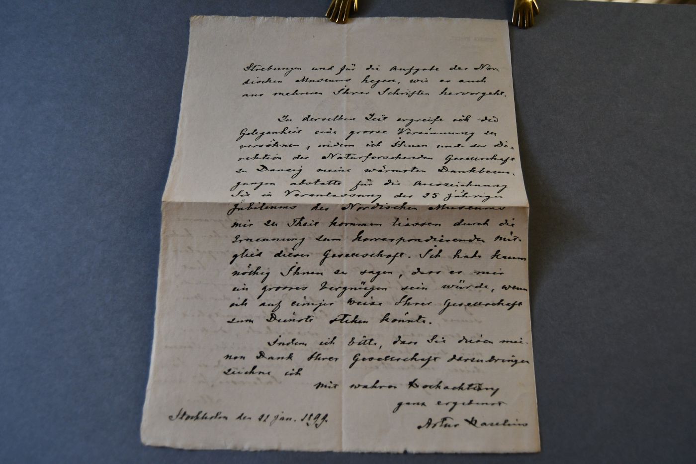 Handschriftliches Schreiben des schwedischen Philologen und Ethnographen Artur Immanuel Hazelius (1833-1901) vom 22. Januar 1899 an den Danziger Botaniker Hugo Conwentz (1855-1922).