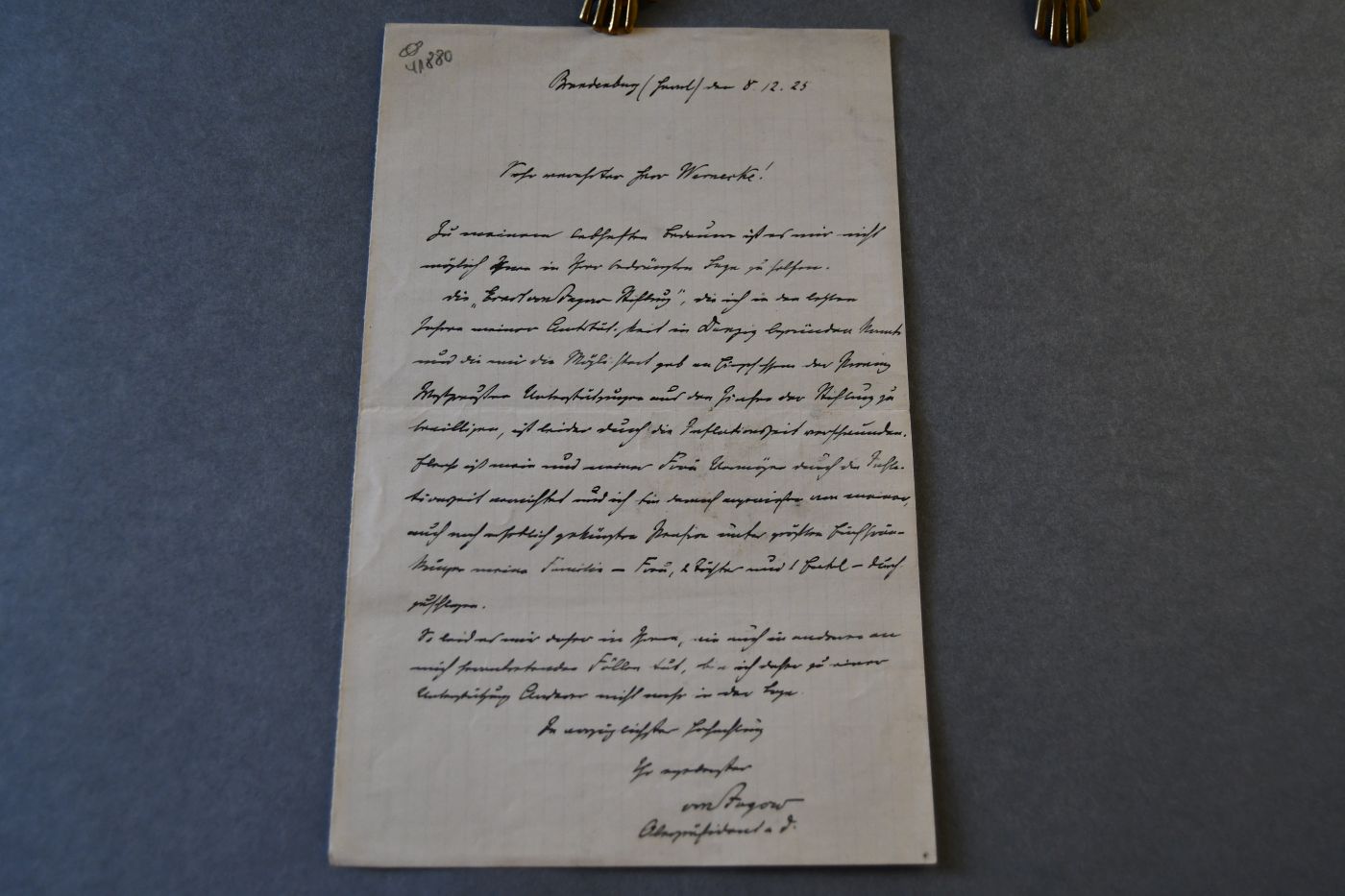 Handschriftlicher Brief des Oberpräsidenten von Westpreußen Ernst Ludwig von Jagusch (1853-1930) vom 8. Dezember 1925 an einen nicht näher bekannten Herrn Wernecke.