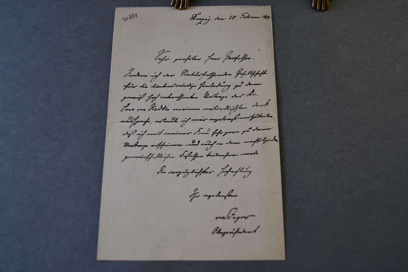 Handschriftlicher Brief des Oberpräsidenten von Westpreußen Ernst Ludwig von Jagusch (1853-1930) vom 28. Februar 1909 an den Danziger Lehrer und Botaniker Konrad Lakowitz (1859-1938).