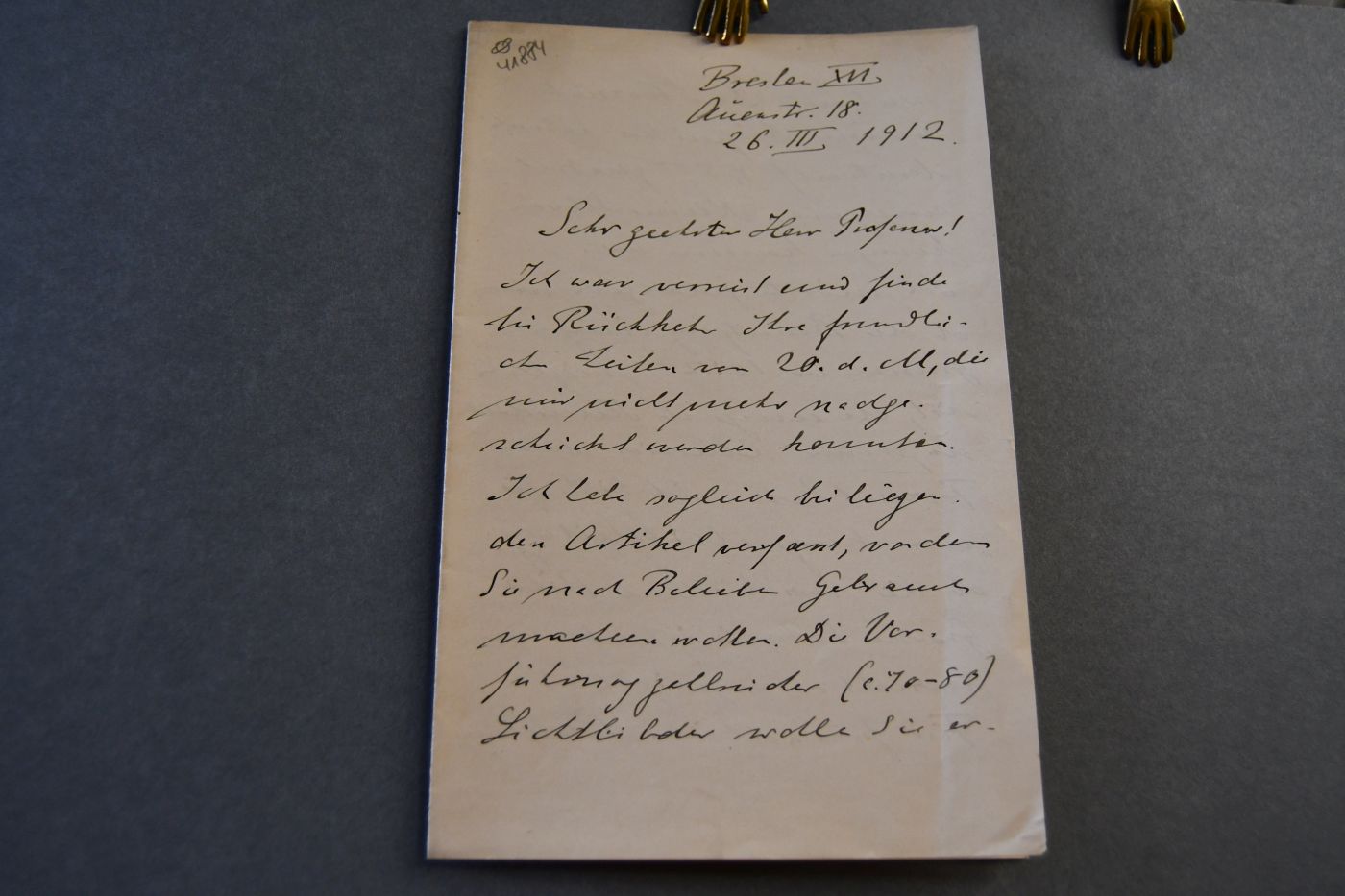 Handschriftlicher Brief des deutschen Mediziners und Anthropologen Hermann Klaatsch (1863-1916) vom 26. März 1912 an den Danziger Lehrer und Botaniker Konrad Lakowitz (1859-1938).