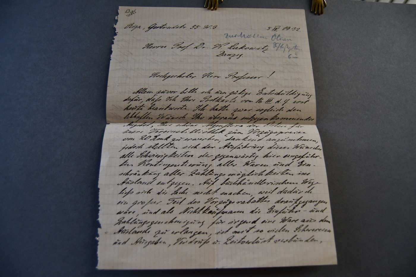 Handschriftlicher Brief des deutschbaltischen Botanikers Karl Reinhold Kupffer (1872-1935) vom 5. April 1932 an den Danziger Lehrer und Botaniker Konrad Lakowitz (1859-1938).