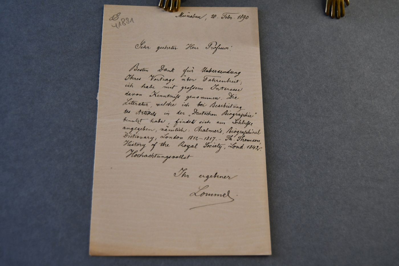 Handschriftlicher Brief des deutschen Physikers Eugen von Lommel (1837-1899) vom 20. Februar 1890 an den Danziger Lehrer und Botaniker Konrad Lakowitz (1859-1945).