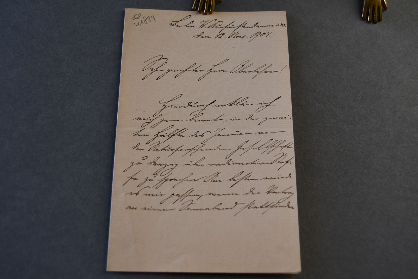 Handschriftlicher Brief des deutschen Chemikers Willy Marckwald (1864-1942) vom 12. November 1904 an den Danziger Lehrer und Botaniker Konrad Lakowitz (1859-1945).