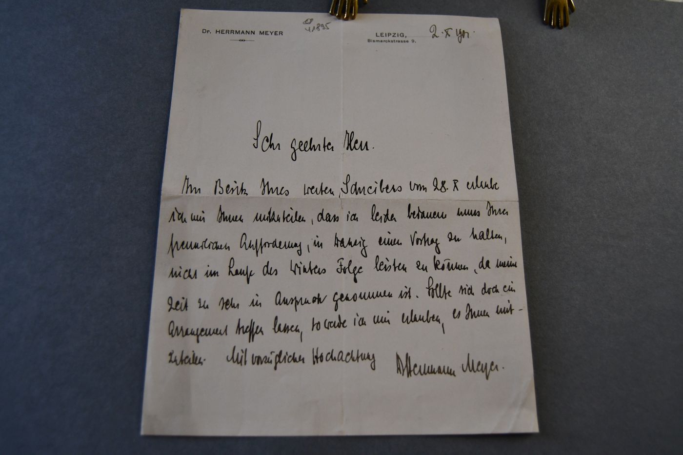 Handschriftlicher Brief des deutschen Verlegers und Forschungsreisenden Herrmann August Heinrich Meyer (1871-1932) vom 2. Oktober 1901 an den Danziger Lehrer und Botaniker Konrad Lakowitz (1859-1945).