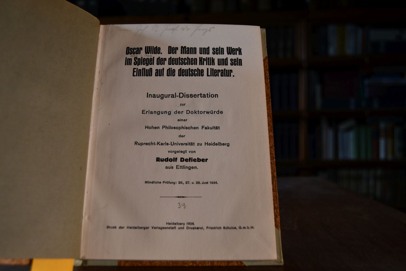 Oscar Wilde. Der Mann und sein Werk im Spiegel der deutschen Kritik und sein Einfluß auf die deutsche Literatur.