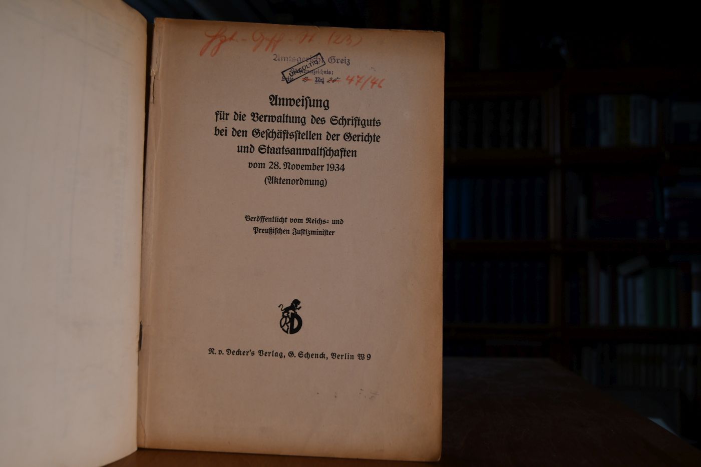 Anweisung für die Verwaltung des Schriftguts bei den Geschäftsstellen der Gerichte und Staatsanwaltschaften vom 28. November 1934 (Aktenordnung-AktO).