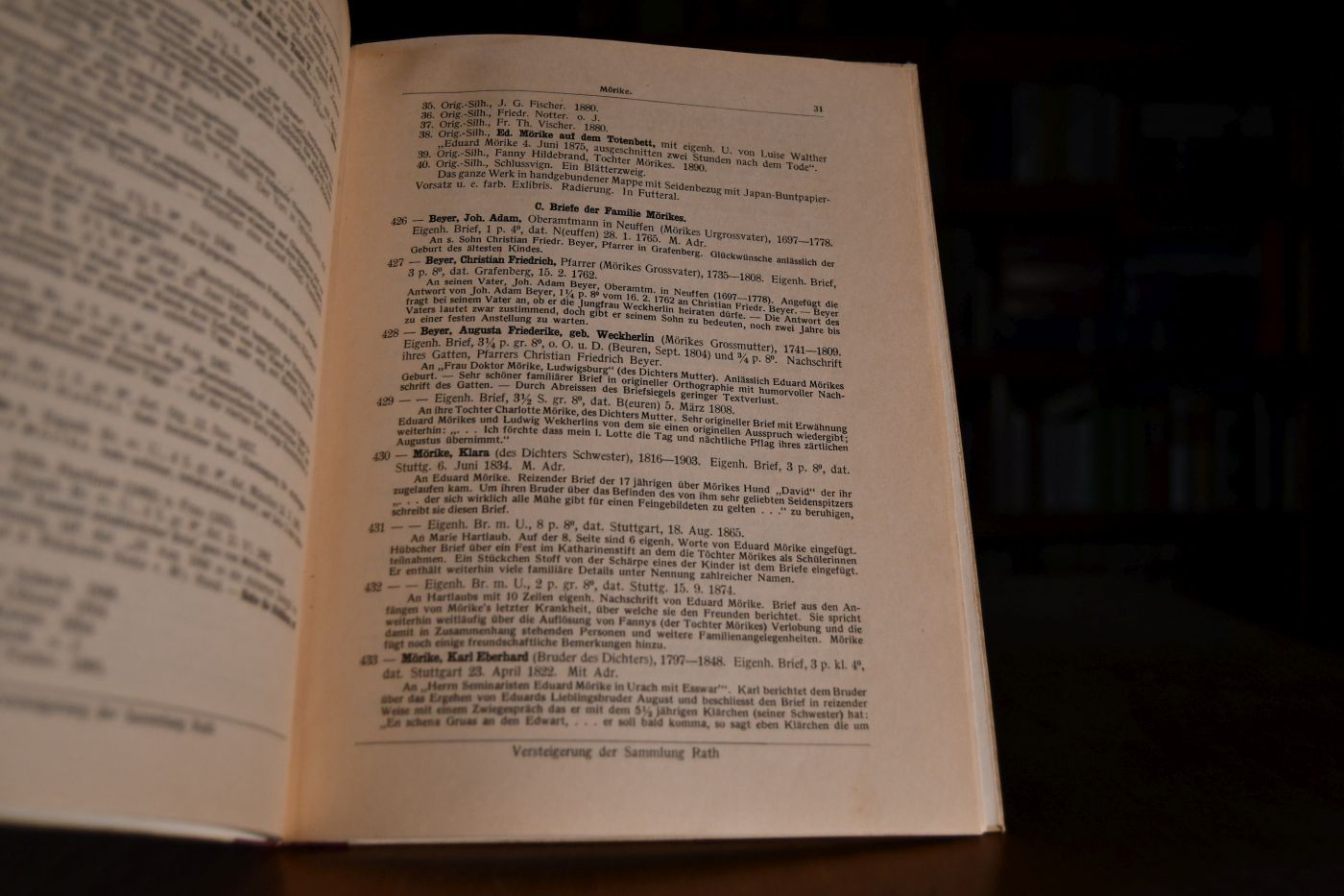 Mörike und der schwäbische Dichterkreis. Bücher, Autographen, Handzeichnungen, Silhouetten, Bildnisse aus der Sammlung Hanns Wolfgang Rath. Versteigerung 29.-30. Juni 1932.