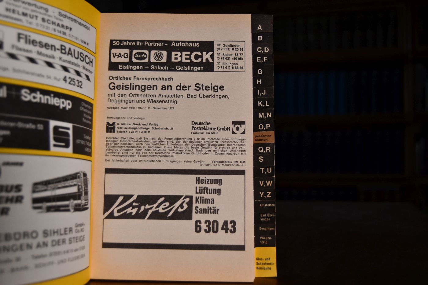 Örtliches Fernsprechbuch Geislingen an der Steige mit den Ortsnetzen Amstetten, Bad Überkingen, Deggingen und Wiesensteig.