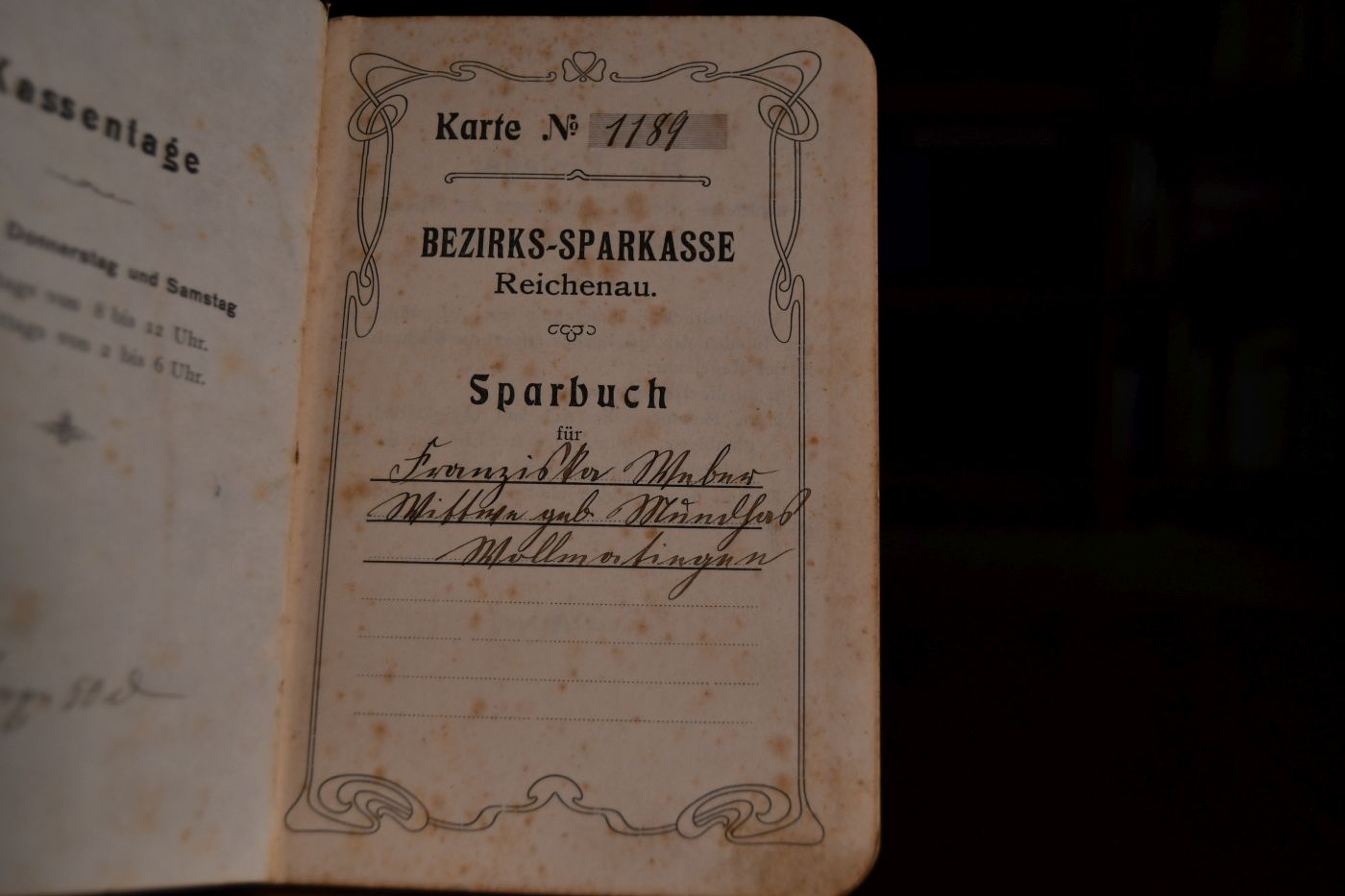 Sparbuch der Bezirks-Sparkasse Reichenau für Franziska Weber geb. Mundhas Wollmatingen.