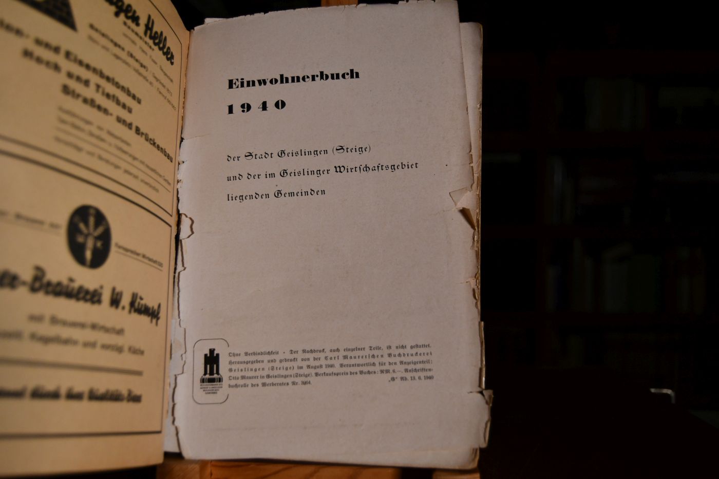 Einwohnerbuch 1940 der Stadt Geislingen (Steige) und der im Geislinger Wirtschaftsgebiet liegenden Gemeinden.