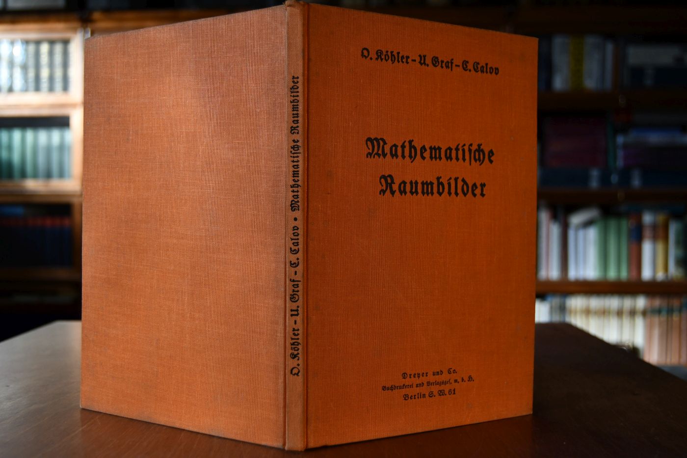 Mathematische Raumbilder. Vierundzwanzig Plastoreoskopdrucke (nach patentiertem Verfahren hergestellt) mit erklärendem Text und mit einer Einleitung. Zwei rot-grüne Betrachtungsbrillen liegen im Buchdeckel hinten bei.
